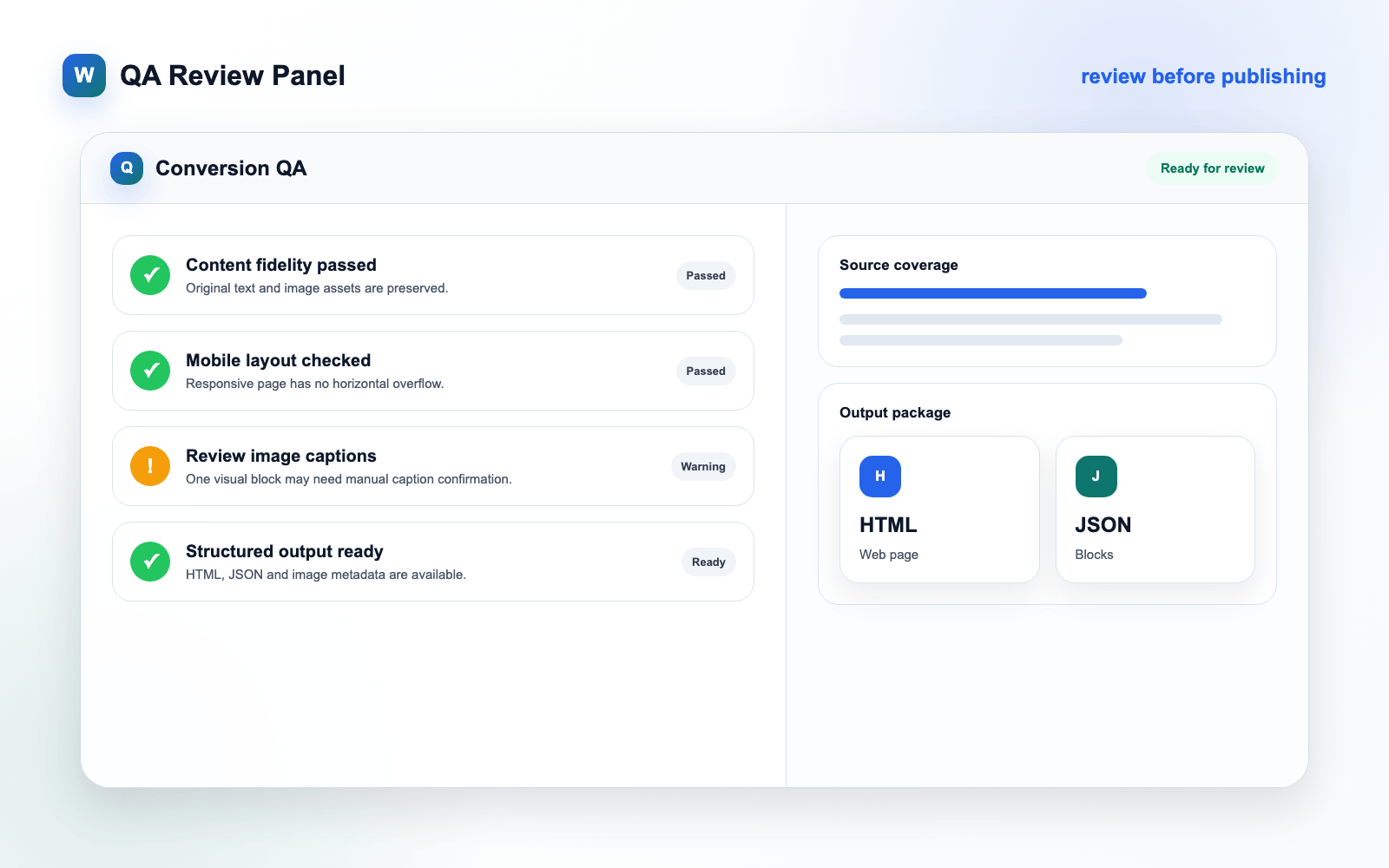 WebReadyPDF QA review panel showing content fidelity, mobile layout and structured output checks